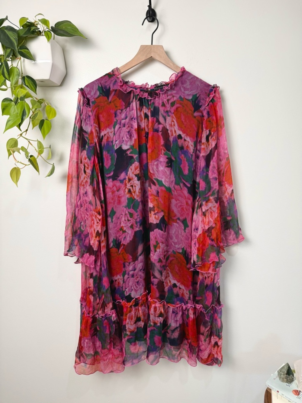 Johnny Was Jade Visions Mini Dress 100% Silk Pink Red Floral Romantic XL